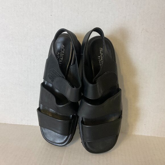 Aquatalia Sandals 7.5 Black Strappy Wedge Block Heel - Picture 2 of 10